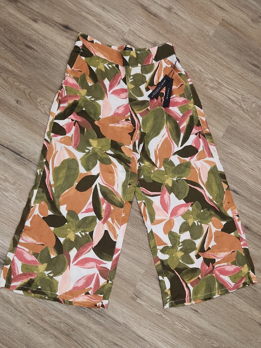 Tahari Med Linen Pants Cropped Wide Leg Colorful Print NWT
